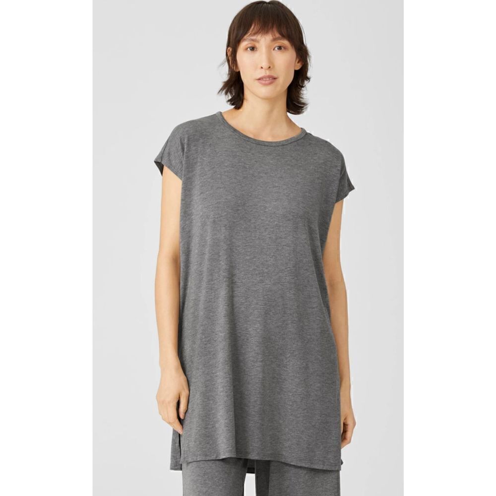 Eileen Fisher NWT Fine Jersey Crew Neck Long Top Boxy Fit Thigh Length PS